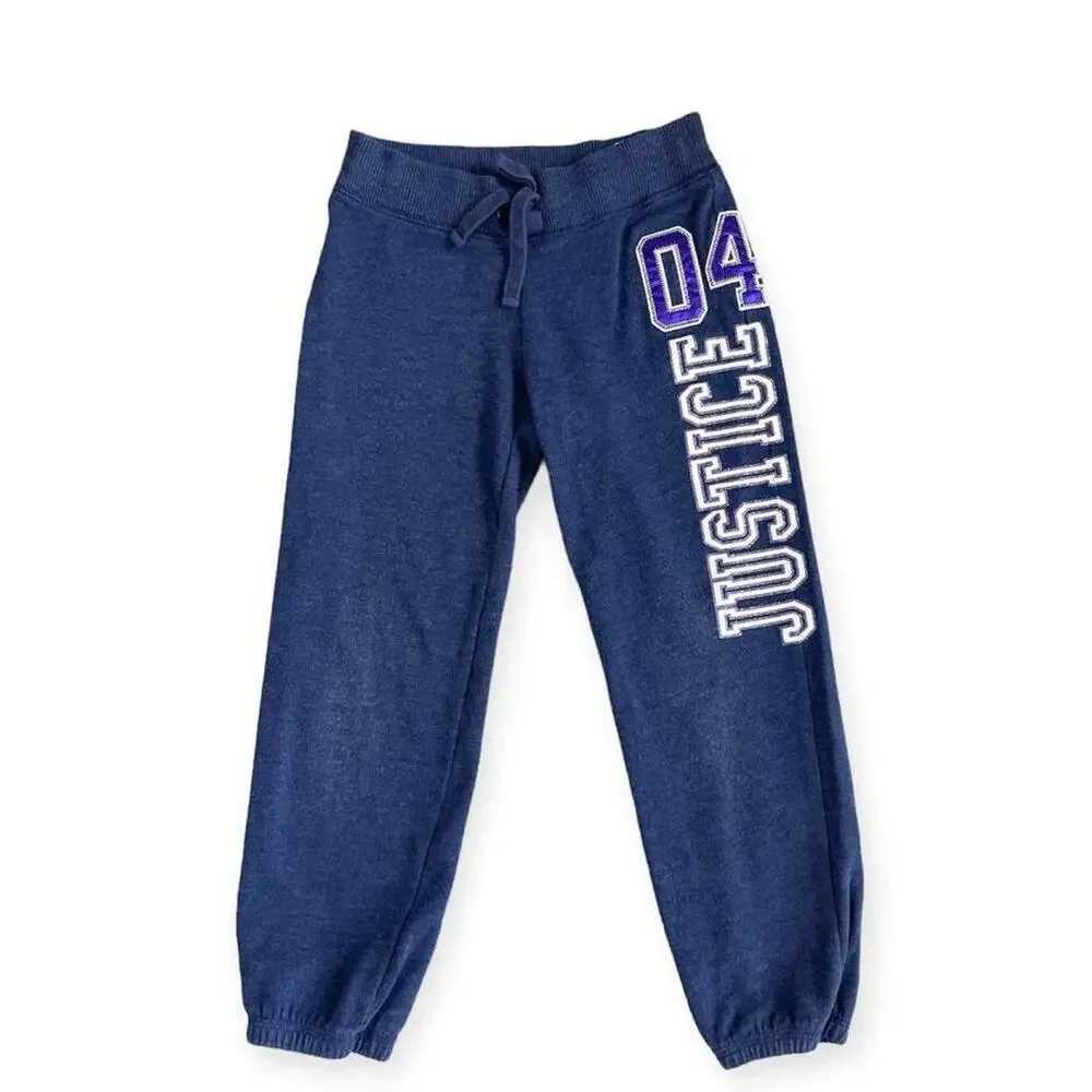 Girls 7 Justice Navy Blue Purple Glitter White Joggers Sweatpants Elastic waist